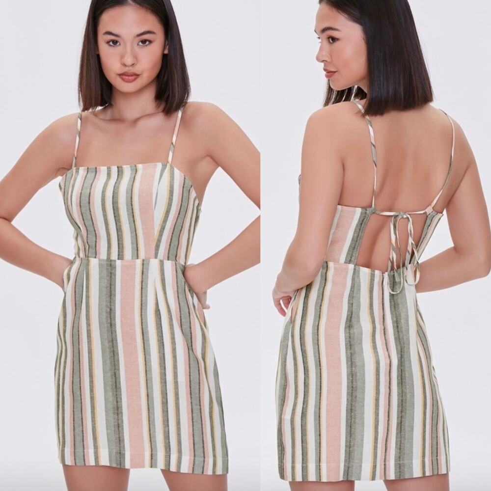 Forever 21 Green Pink & White Striped Mini Cami Linen Dress